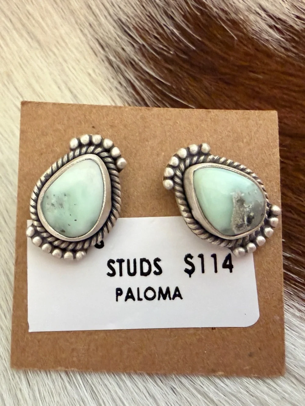 ❤️ Paloma Variscite Navajo Style Brushed Sterling Stud Earrings Closed Back